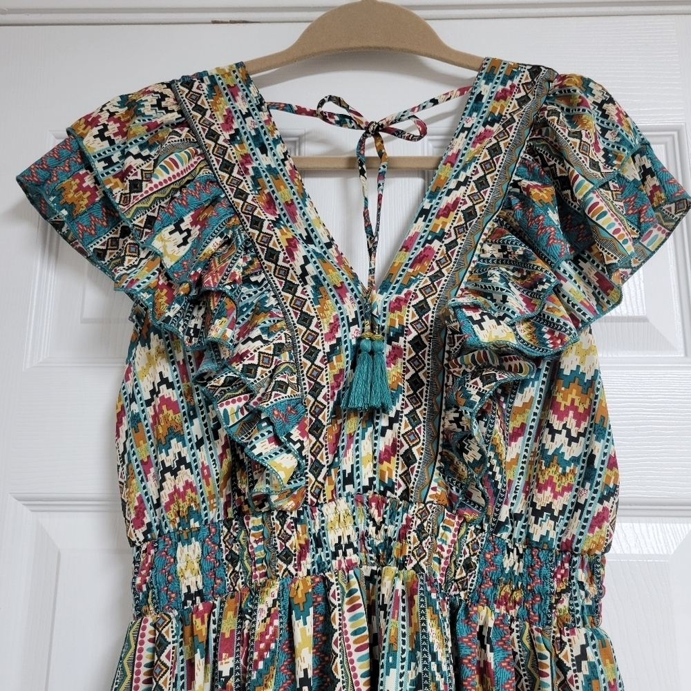 Antropologie Boemo Aztec Soutwestern Ruffle Short Skeeve Boho Mini Dress. - Picture 7 of 7